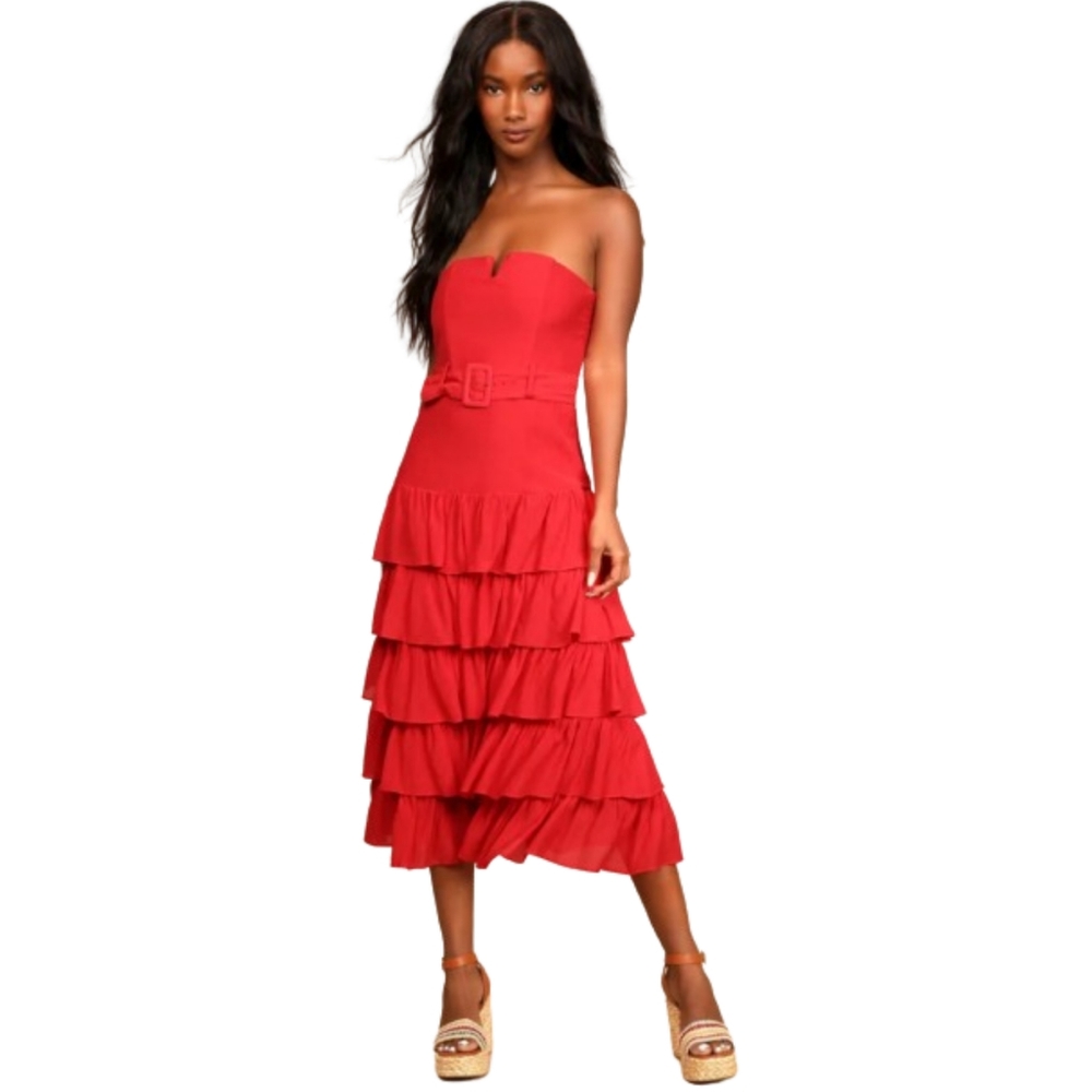 Catch a Cruise Red Strapless Belted Tiered Midi Dress